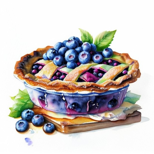 a watercolor painting of a blueberry pie on a cutting board with blueberries on top of it