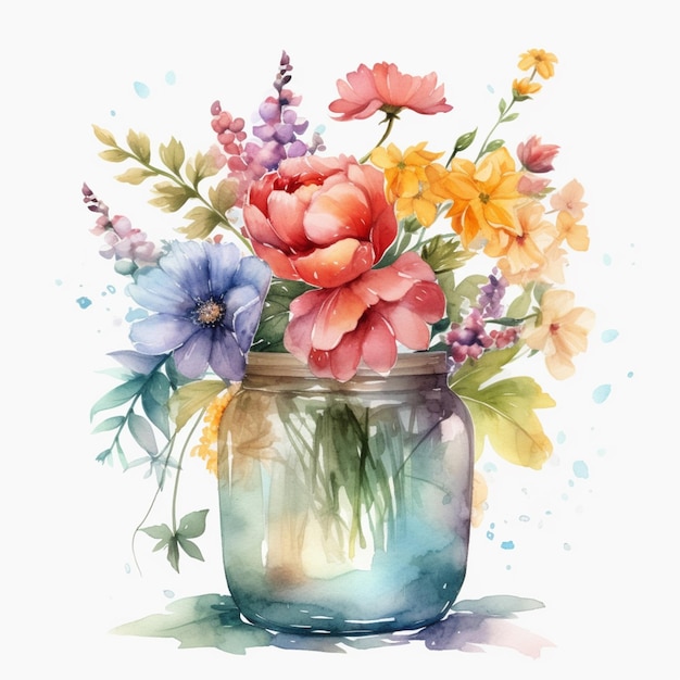 A watercolor painting of a bouquet of flowers in a glass jar.