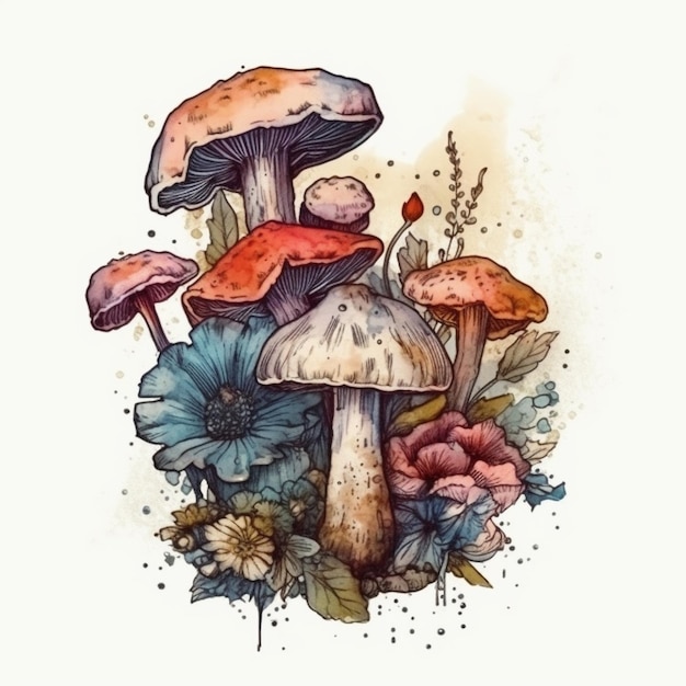 Watercolor painting of a bouquet of flowers and mushrooms