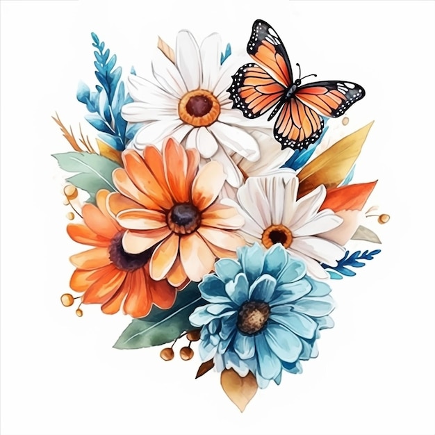 A watercolor painting of a bouquet of flowers with a butterfly