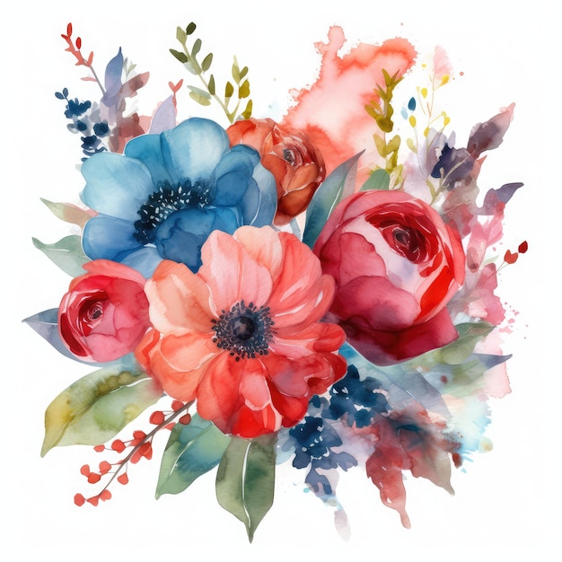 A watercolor painting of a bouquet of flowers with a red flower.