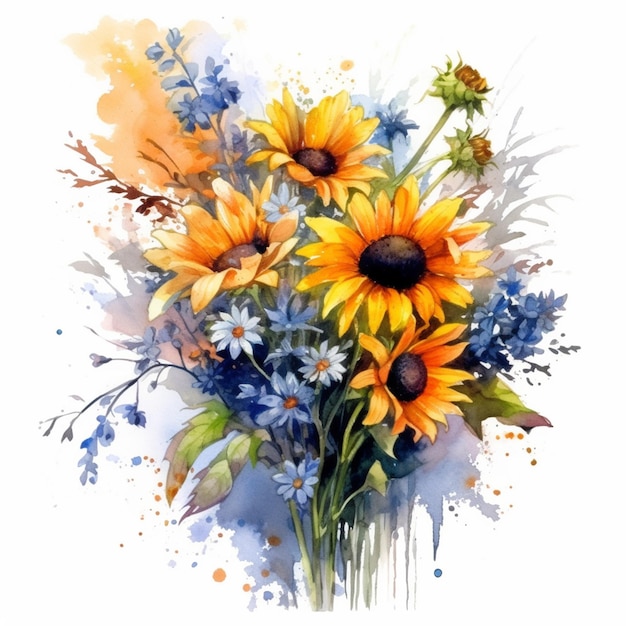 Watercolor painting of a bouquet of flowers with the word sunflowers on it.