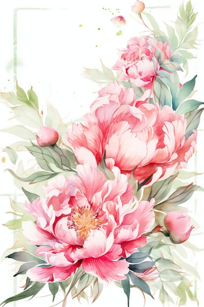 A watercolor painting of a bouquet of peonies.