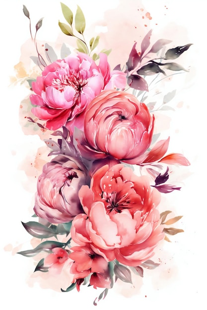 A watercolor painting of a bouquet of peonies.