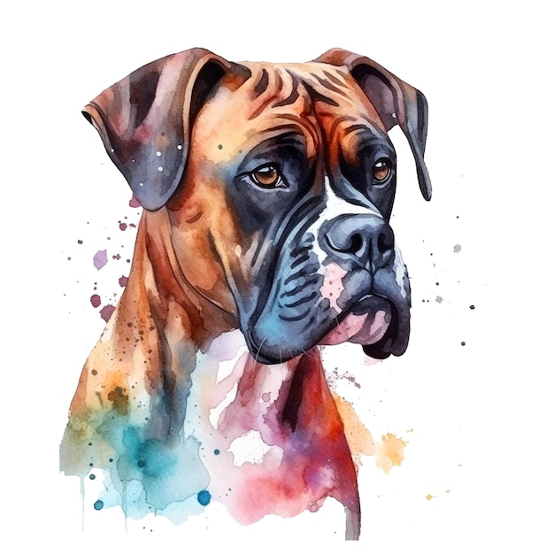 A watercolor painting of a boxer dog