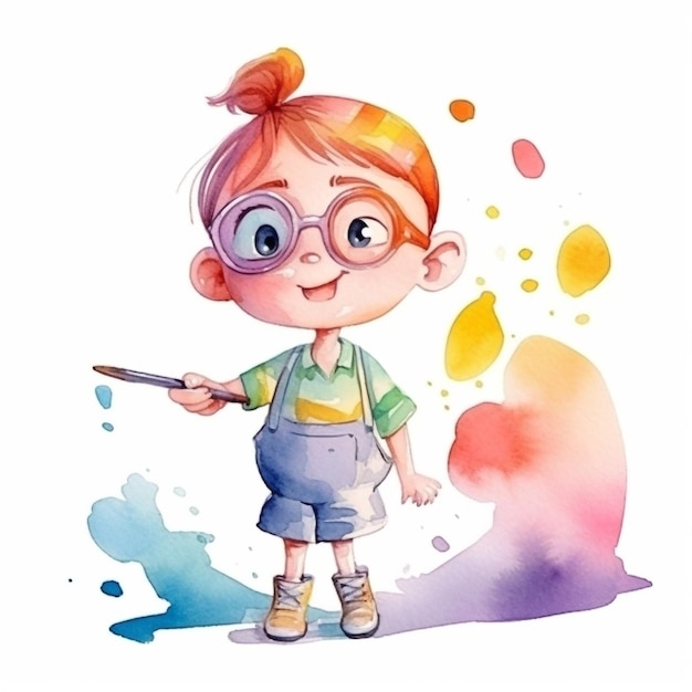 Watercolor painting of a boy with glasses and a shirt that says'paint'on it