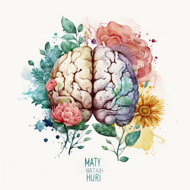 A watercolor painting of a brain with flowers and the word mathawa on it.