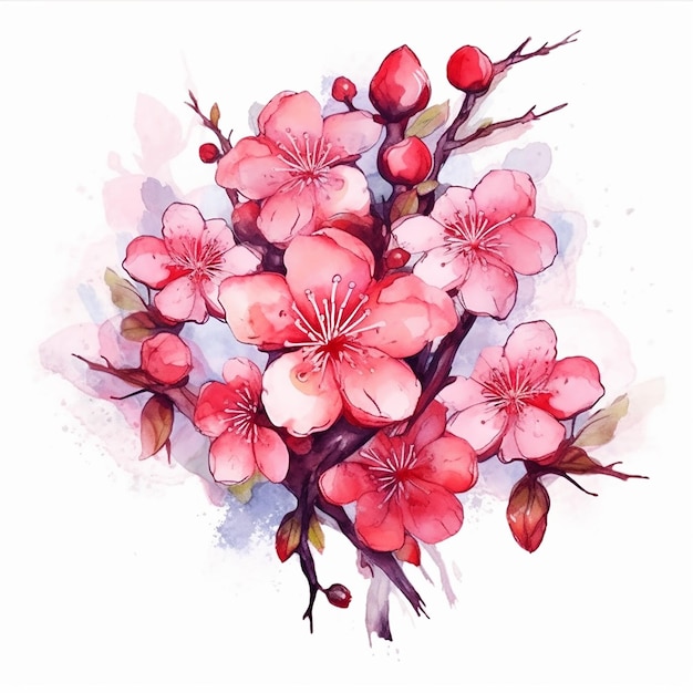 A watercolor painting of a branch of cherry blossoms.