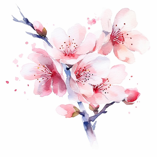 Watercolor painting of a branch of cherry blossoms.