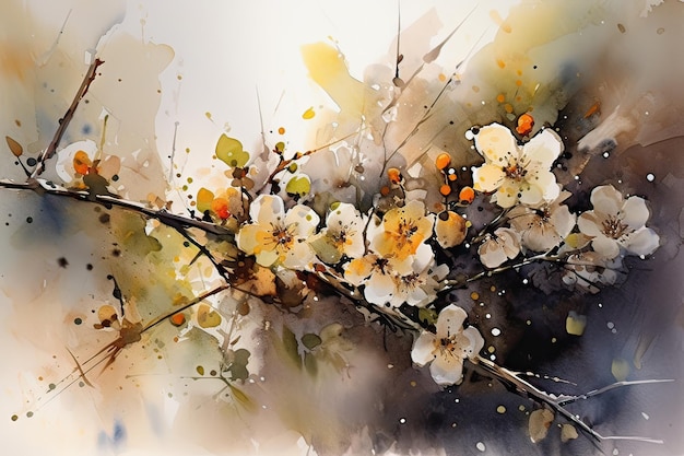 Watercolor painting of a branch with flowers