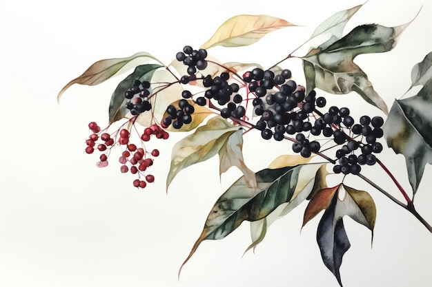 Photo a watercolor painting of a branch with leaves and berries.