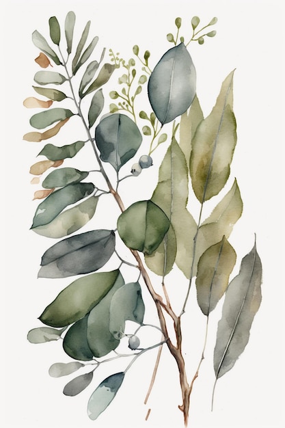 A watercolor painting of a branch with leaves and branches.