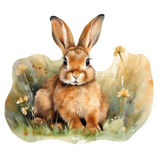 A watercolor painting of a brown rabbit in a field of flowers.