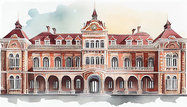 Watercolor painting of a building with a red roof and a large balcony.