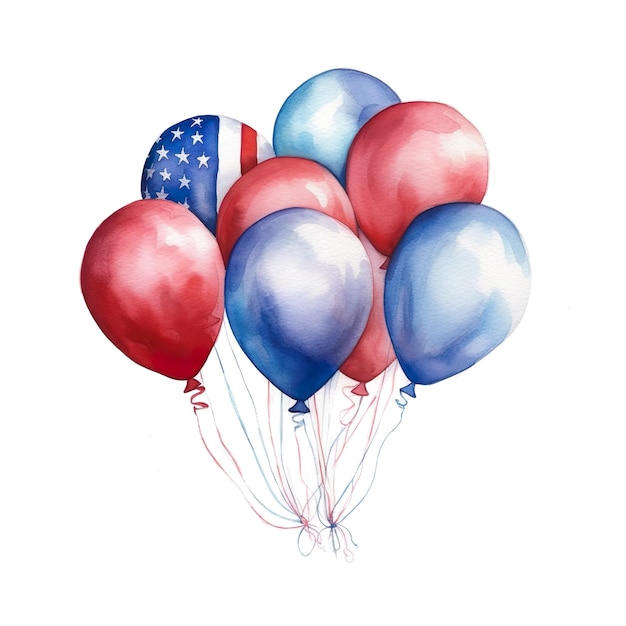 A watercolor painting of a bunch of balloons with the american flag on it