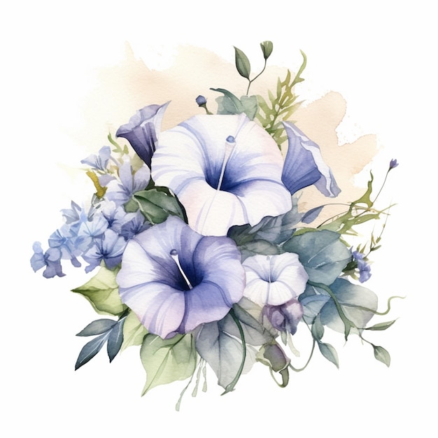 A watercolor painting of a bunch of flowers with blue flowers