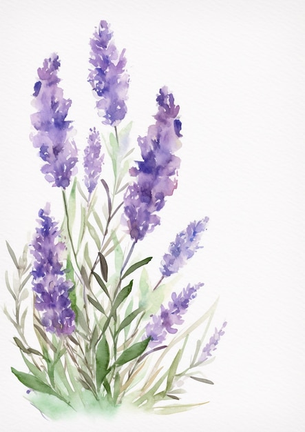 A watercolor painting of a bunch of lavender flowers.