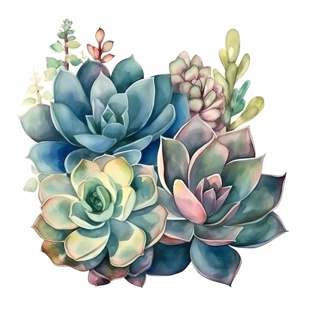 A watercolor painting of a bunch of succulents