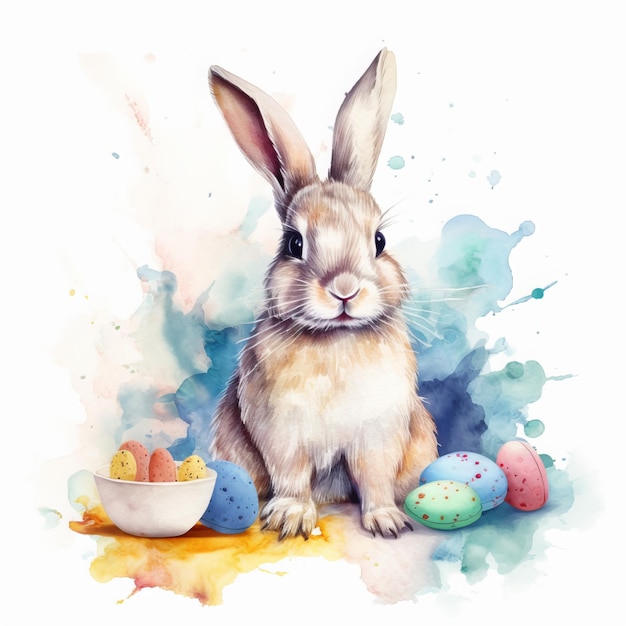 A watercolor painting of a bunny and eggs