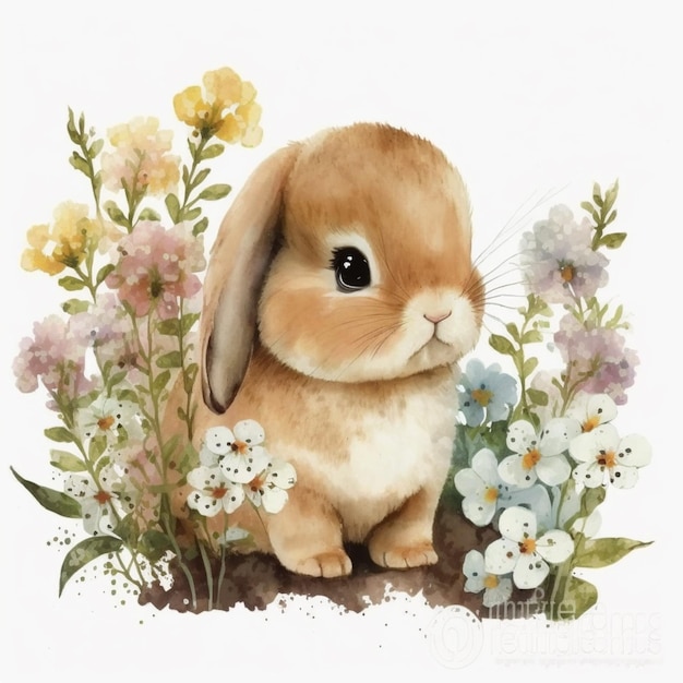 A watercolor painting of a bunny rabbit in a field of flowers.