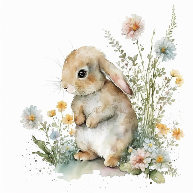 A watercolor painting of a bunny sitting in a field of flowers.