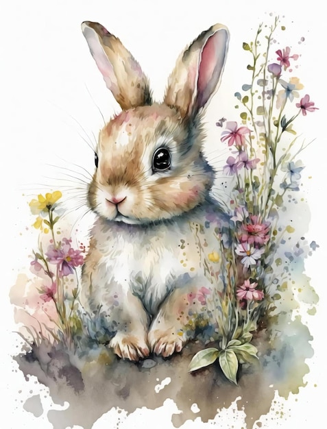 A watercolor painting of a bunny sitting on a rock