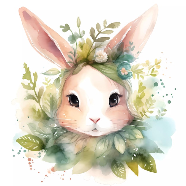 A watercolor painting of a bunny with a wreath of flowers