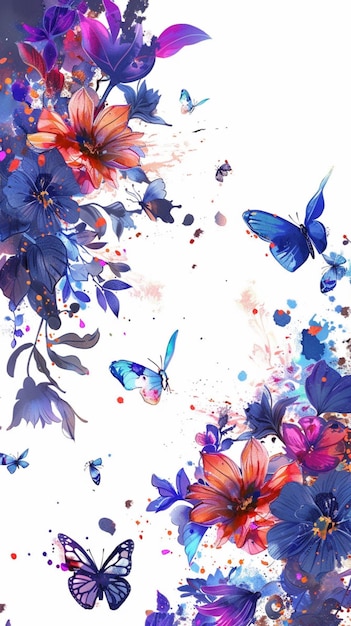 a watercolor painting of butterflies and flowers