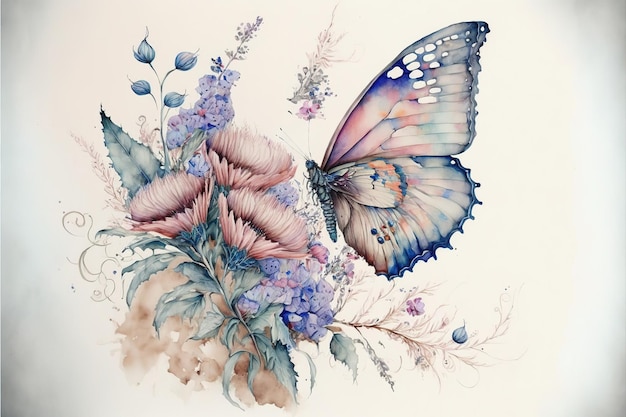 Watercolor painting of butterfly and flower garden isolated background