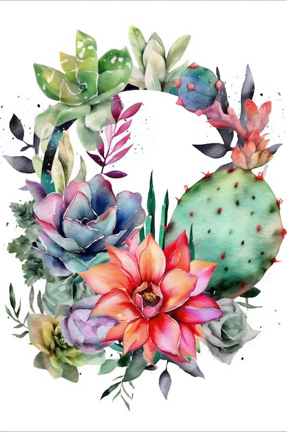 Watercolor painting of a cactus with a flower frame.