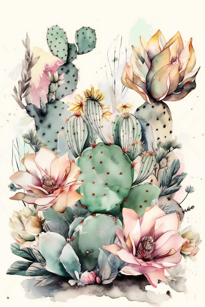 A watercolor painting of a cactus with flowers.