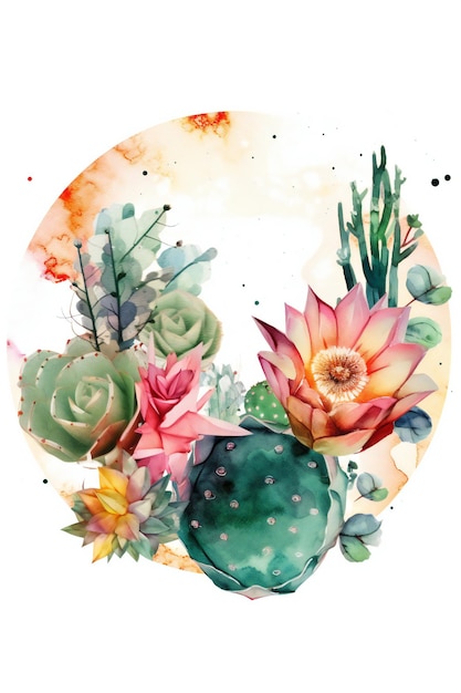 A watercolor painting of a cactus with flowers.