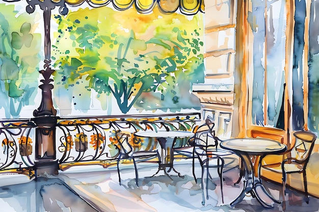 Watercolor Painting of a Cafe Patio with Tables and Chairs