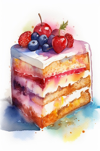 A watercolor painting of a cake with blueberries and blackberries.