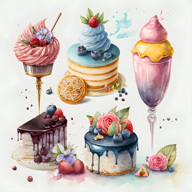 A watercolor painting of cakes and ice cream