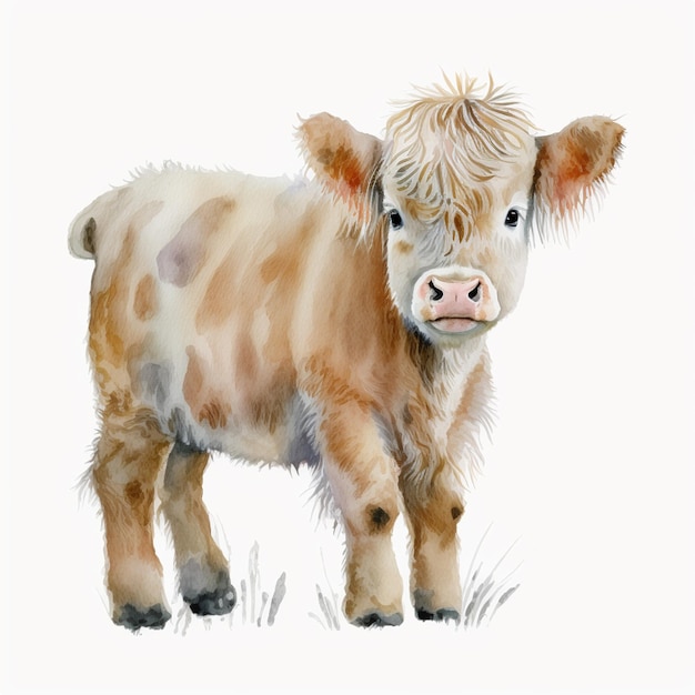 A watercolor painting of a calf with a pink nose.