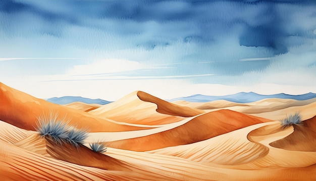 Photo watercolor painting of calm desert with sand dunes and clear blue sky natural landscape hand drawn