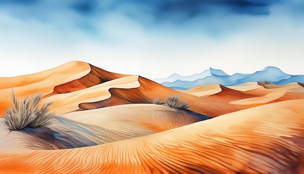 Watercolor painting of calm desert with sand dunes and clear blue sky Natural landscape Hand drawn