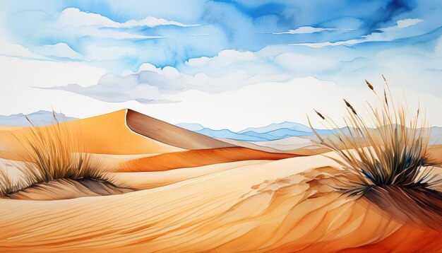 Watercolor painting of calm desert with sand dunes and clear blue sky Natural landscape Hand drawn