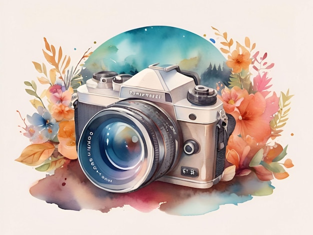 Watercolor Painting Camera and Flowers