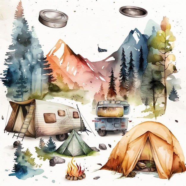 Watercolor painting of a camper and a camper with a mountain in the background.