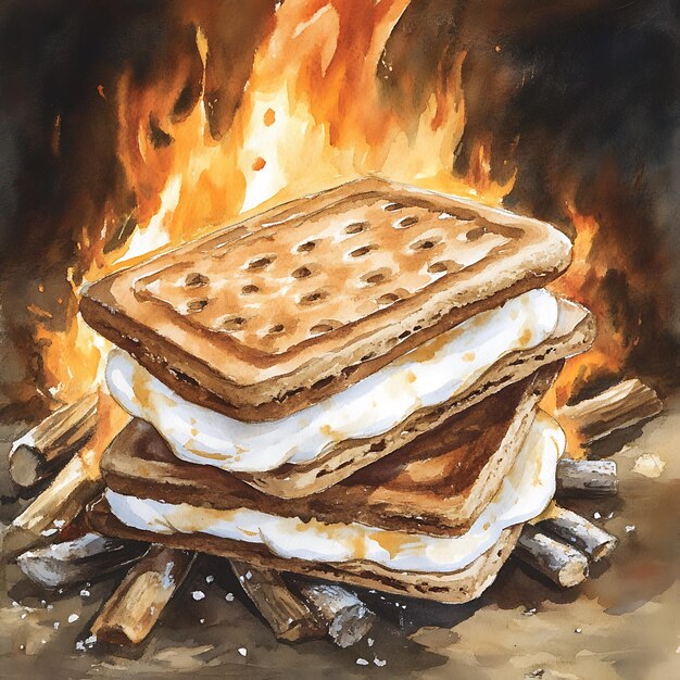 Photo watercolor painting of a campfire smore