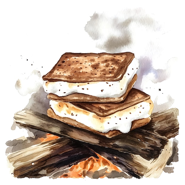 Photo watercolor painting of a campfire with a smore