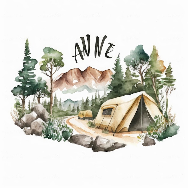 A watercolor painting of a camping tent in the woods