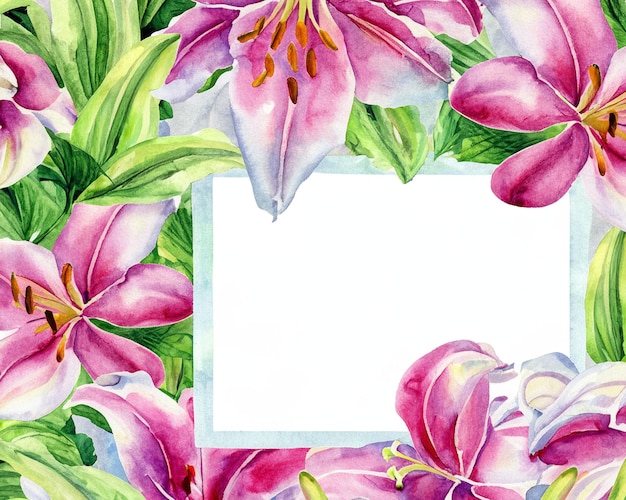 Watercolor painting card with pastel pink and white lilies