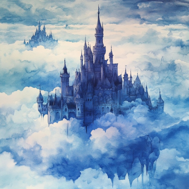 Photo watercolor painting of a castle in the clouds