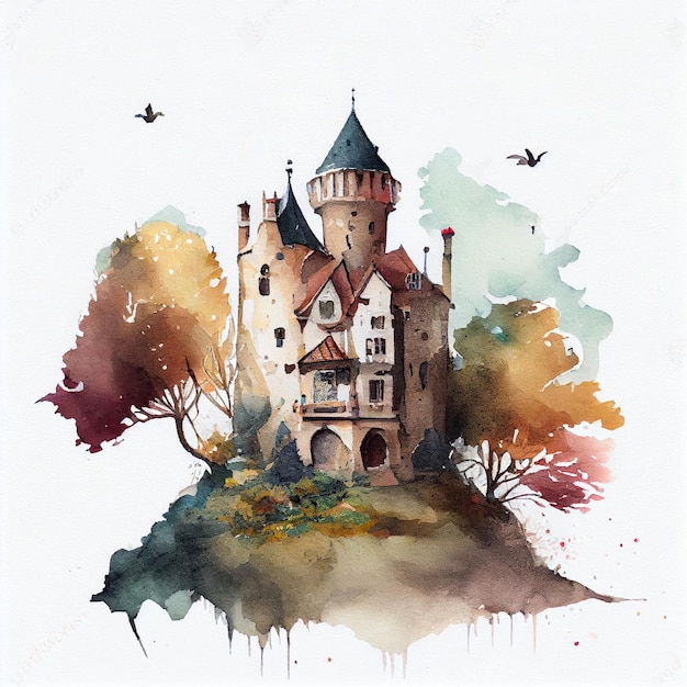 A watercolor painting of a castle with a blue roof and a black bird flying in the background.