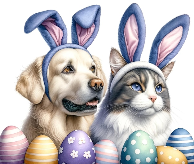 Watercolor painting of cat and dog with bunny ears for easter