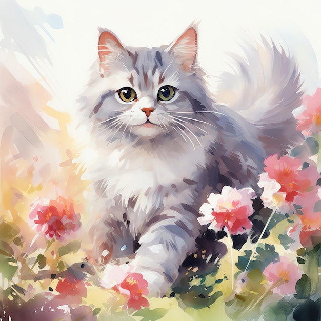 a watercolor painting of a cat in the flowers mountain pastel colors natural tone