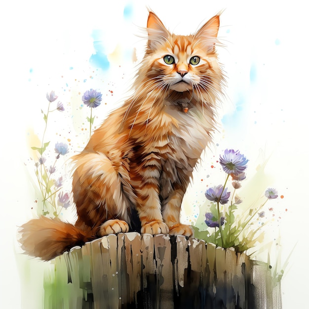 a watercolor painting of a cat in the flowers mountain pastel colors natural tone